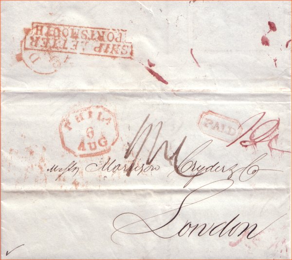 Stepped boxed SHIP LETTER PORTSMOUTH mark on cover from Philadelphia to London