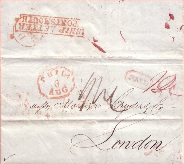 Stepped boxed SHIP LETTER PORTSMOUTH mark on cover from Philadelphia to London