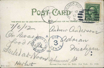 US SEA PO 19 Taxe mark on TRANSATLANTIC POST OFFICE No 5