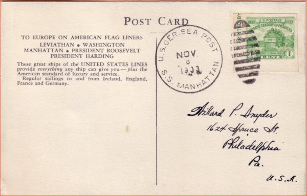 US German Sea Post cancel from SS Manhattan