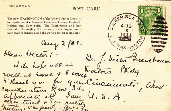 US German Sea Post cancel from SS Washington