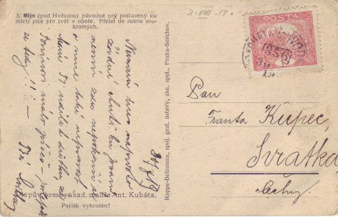Austro-Hungarian handstamp on Czech postcard 1919