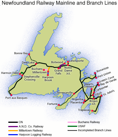 Branch lines map by Tanya Saunders ©2001 Newfoundland and Labrador Heritage Web Site