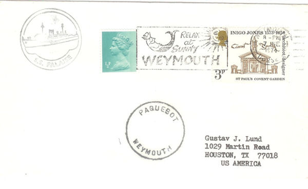 Weymouth 235DD dated 1974, posted from the Sealink ferry S.S. FALAISE
