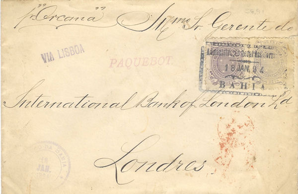London paquebot mark on cover from Bahia