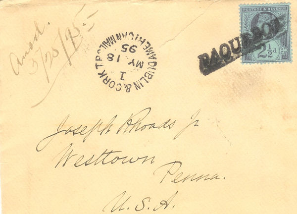 Paquebot cancel and Dublin & Cork TPO cancel