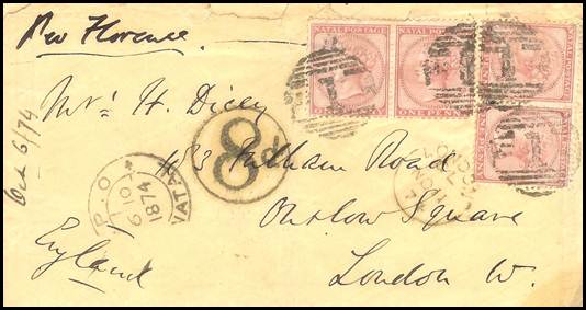 Cover from Natal via Plymouth to London with 8d charge mark applied on the Plymouth to Bristol TPO