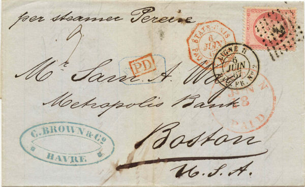 LIGNE H mark used on letter from  France to Boston