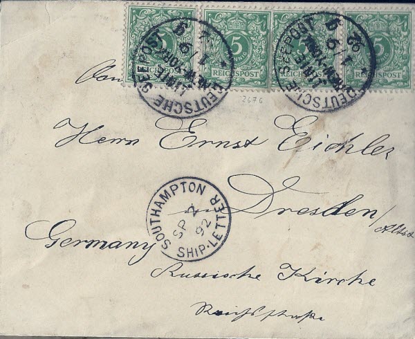 DEUTSCHE SEEPOST LINIE NEW YORK g mark on letter posted on board KAISER WILHELM II (1) 