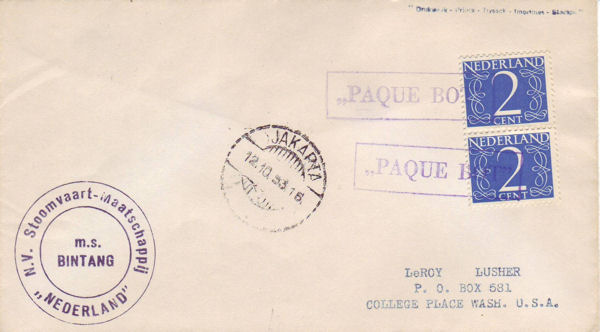Cover cancelled by boxed Jakarta Paquebot (Hosking type 3076)