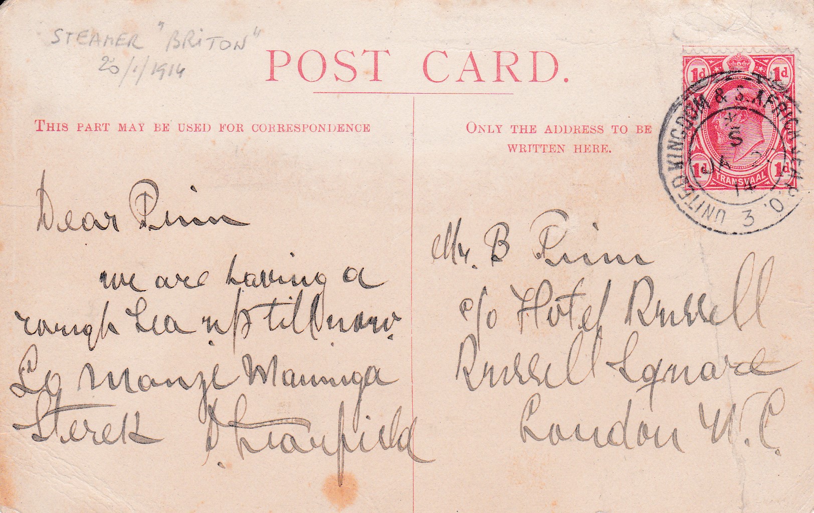 Picture postcard mailed on 'RMS Briton'  with Type 6 cancels 
