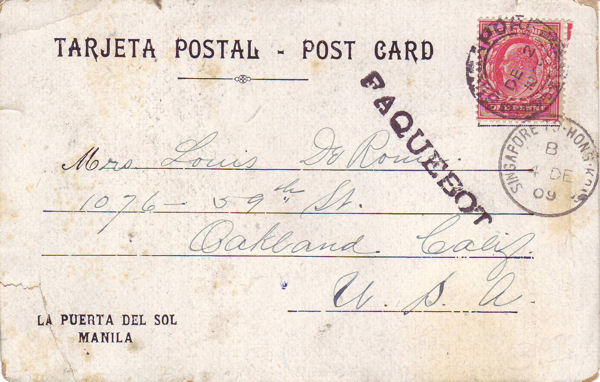 Postcard cancelled by straight line Singapore Paquebot mark (Hosking type 3393) 
