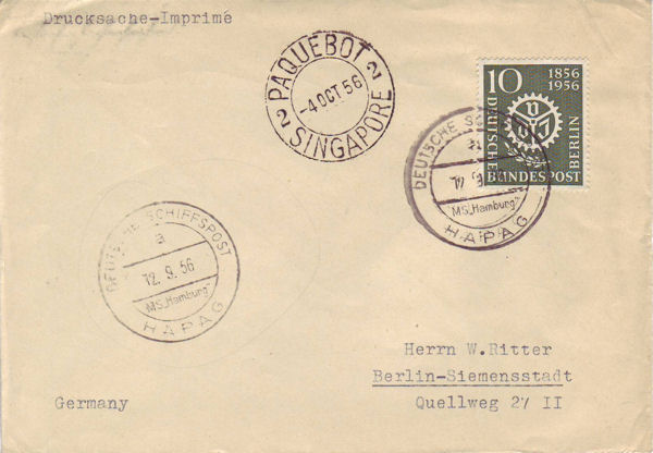 Cover cancelled by double circle 'Paquebot Singapore 2  4 Oct 56' (Hosking type 3398) 