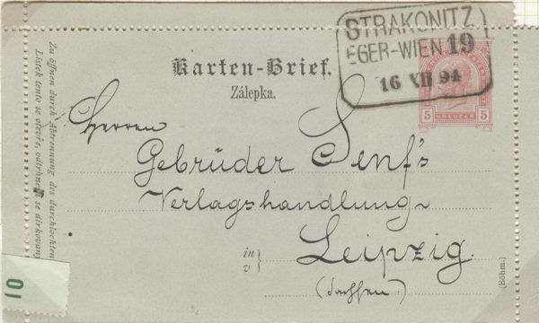 Fig. 15: First Class TPO showing station of posting - Strakonitz - on the Eger to Wein route 