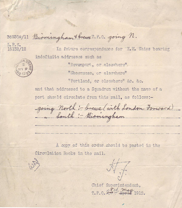 Letter from Chief Suprintendent T.P.O to  BIRMINGHAM & CREWE S.C in May 1912
