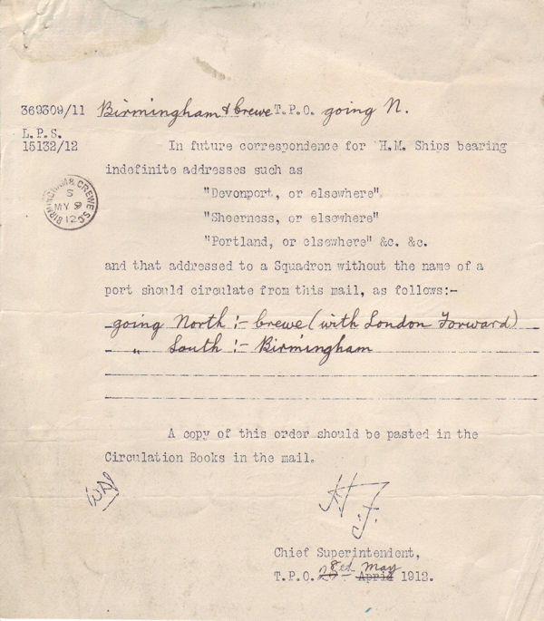 Letter from Chief Suprintendent T.P.O to  BIRMINGHAM & CREWE S.C in May 1912