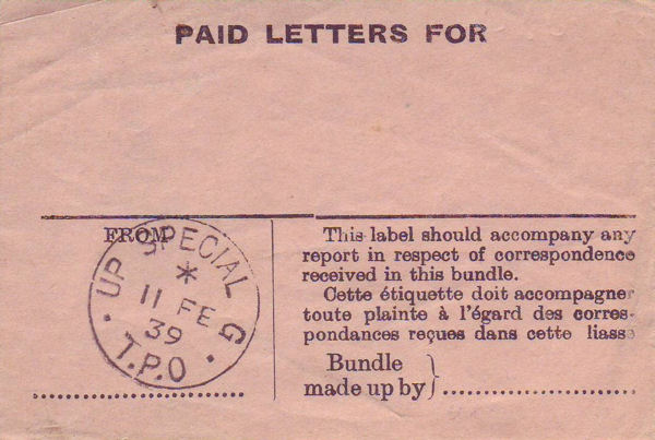 Letter bundle facing slip for the UP SPECIAL G T.P.O  11 February 1939