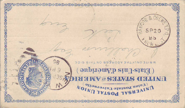 Postal Stationery Card from New York sorted on the BANGOR & CREWE T.P.O. FROM EAST in September 1885