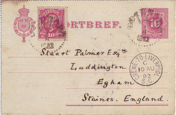 Letter card from Sweden sorted on the CREWE TO LIVERPOOL S.C. in  August 1892
