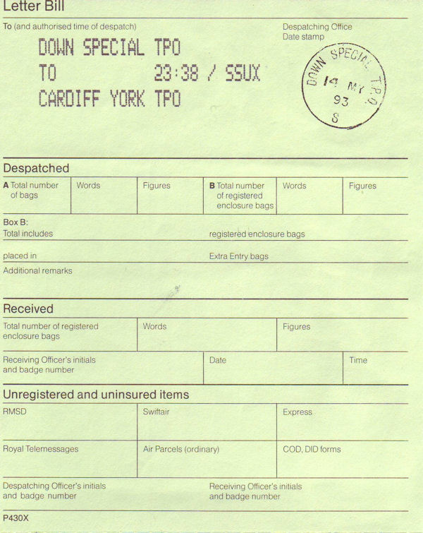 Letter Bill from the DOWN SPECIAL T.P.O. dated 1893