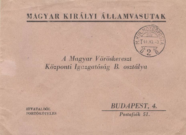 State Railway Co. envelope sent to Budapest without charge - 'T' - Up