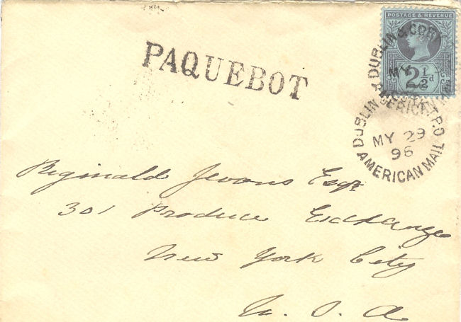 Superb strikes: PAQUEBOT and DUBLIN & CORK TPO AMERICAN MAIL on Cunard Line envelope