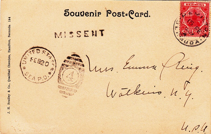 Postcard of Bermuda missent to the sea post office on board SS St Paul